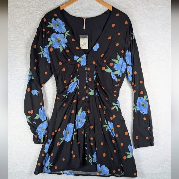 Free People Black Dress with Blue Floral and Orange Dot Accents - Picture 2 of 5